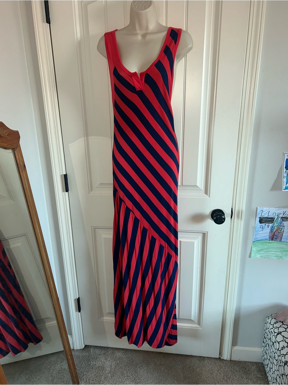 NEW Fraiche By J Sleeveless Red and Navy Striped Maxi Dress Sz S